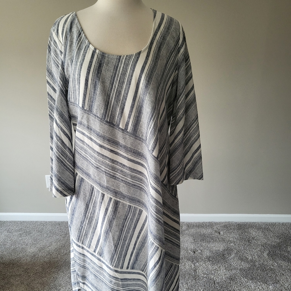 Soft Surroundings – White/Blue Sonya Linen Dress (Size L – 14-16)